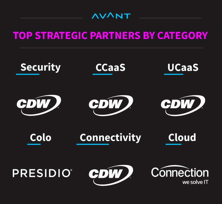 The names of Top Strategic Partners by Category with their logos in white, the category title in white text, and the main title in pink text.