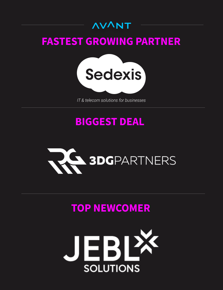 The names of fastest growing partner, biggest deal, and top newcomer with their logos in white and the titles in pink text.