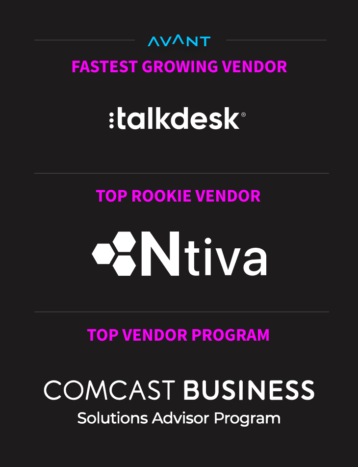 The names of the recipients of the Fastest Growing Vendor, Top Rookie Vendor, and Top Vendor Program at the AVANT Summit Awards with their logos in white and the titles in pink text.