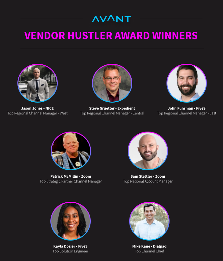 Vendor Hustler Award recipients at the AVANT Summit Awards with their headshots along with titles and company in white, and the main title in pink text.